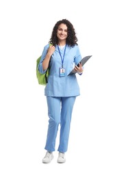 Photo of Medical student with clipboard on white background