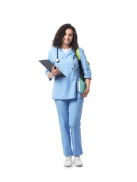 Photo of Medical student with clipboard and books on white background