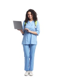 Photo of Medical student with laptop on white background