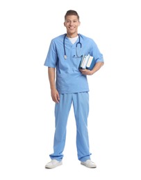 Photo of Medical student with books on white background