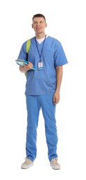 Photo of Medical student with books on white background