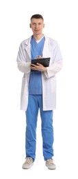 Photo of Medical student with clipboard on white background
