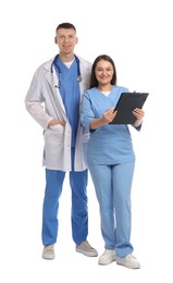 Photo of Medical students with clipboard on white background