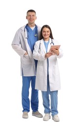 Photo of Medical students with tablet on white background