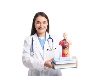 Photo of Medical student with books and human body model on white background