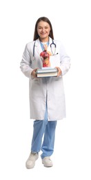 Photo of Medical student with books and human body model on white background
