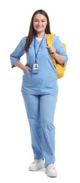 Photo of Happy medical student with backpack on white background
