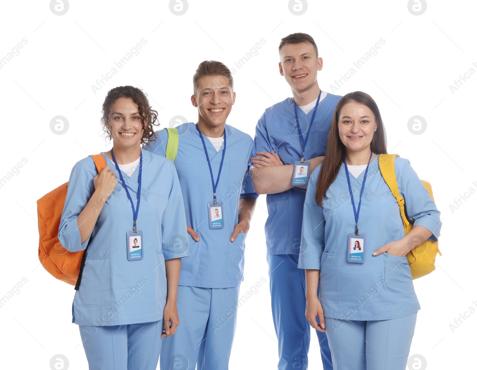 Group of happy medical students on white background Photo of Group of happy medical students on white background
