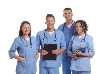 Photo of Group of happy medical students on white background