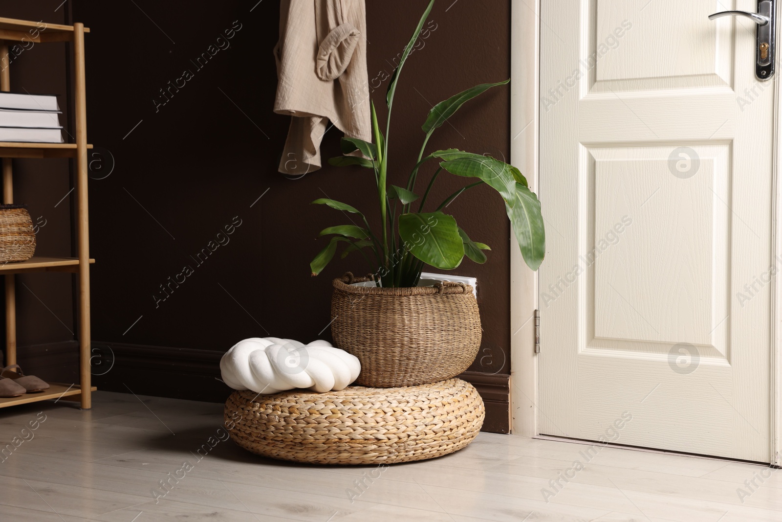 Stylish wicker pouf with houseplant and cushion at home Photo of Stylish wicker pouf with houseplant and cushion at home