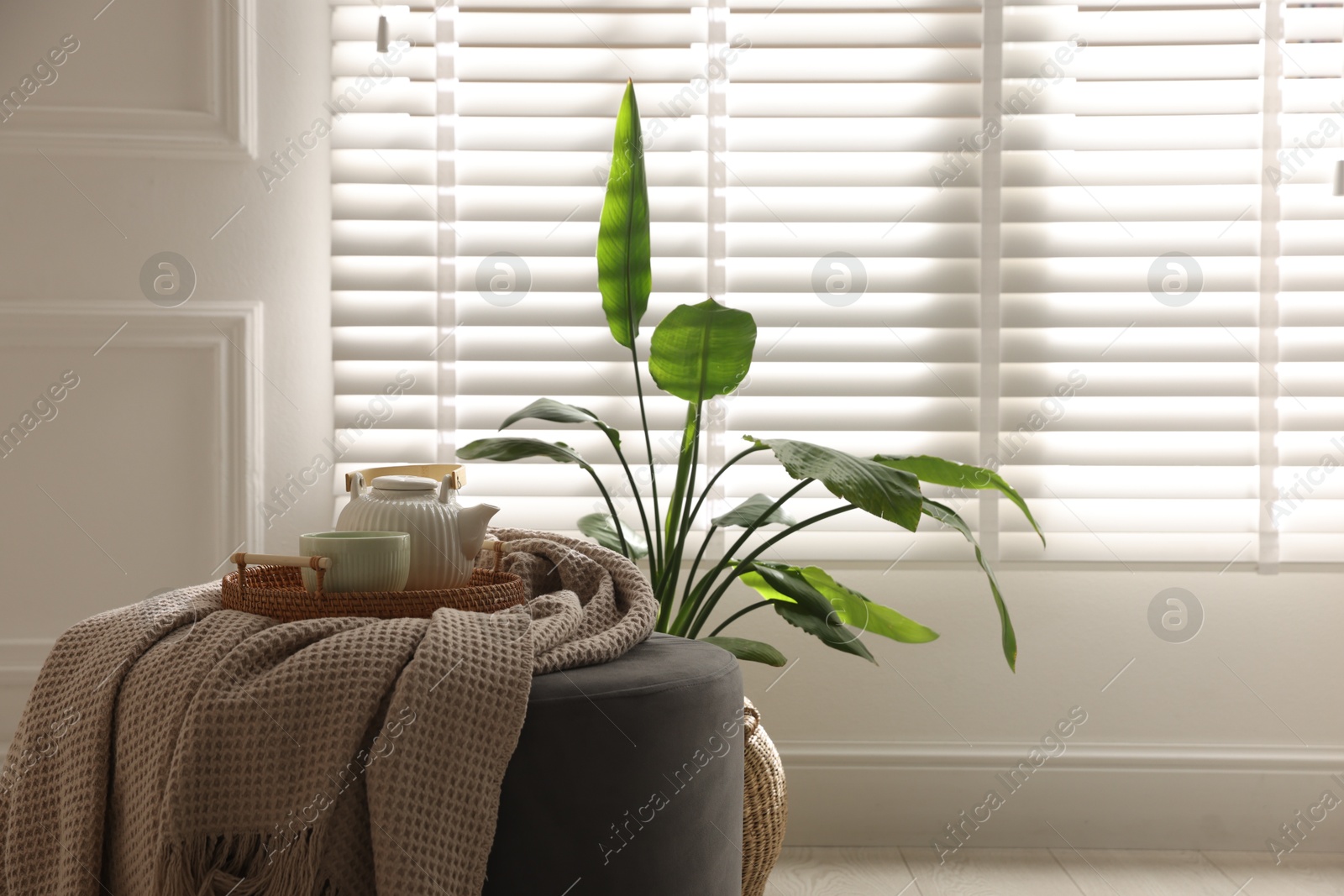 Stylish pouf with tea set at home, closeup. Space for text Photo of Stylish pouf with tea set at home, closeup. Space for text