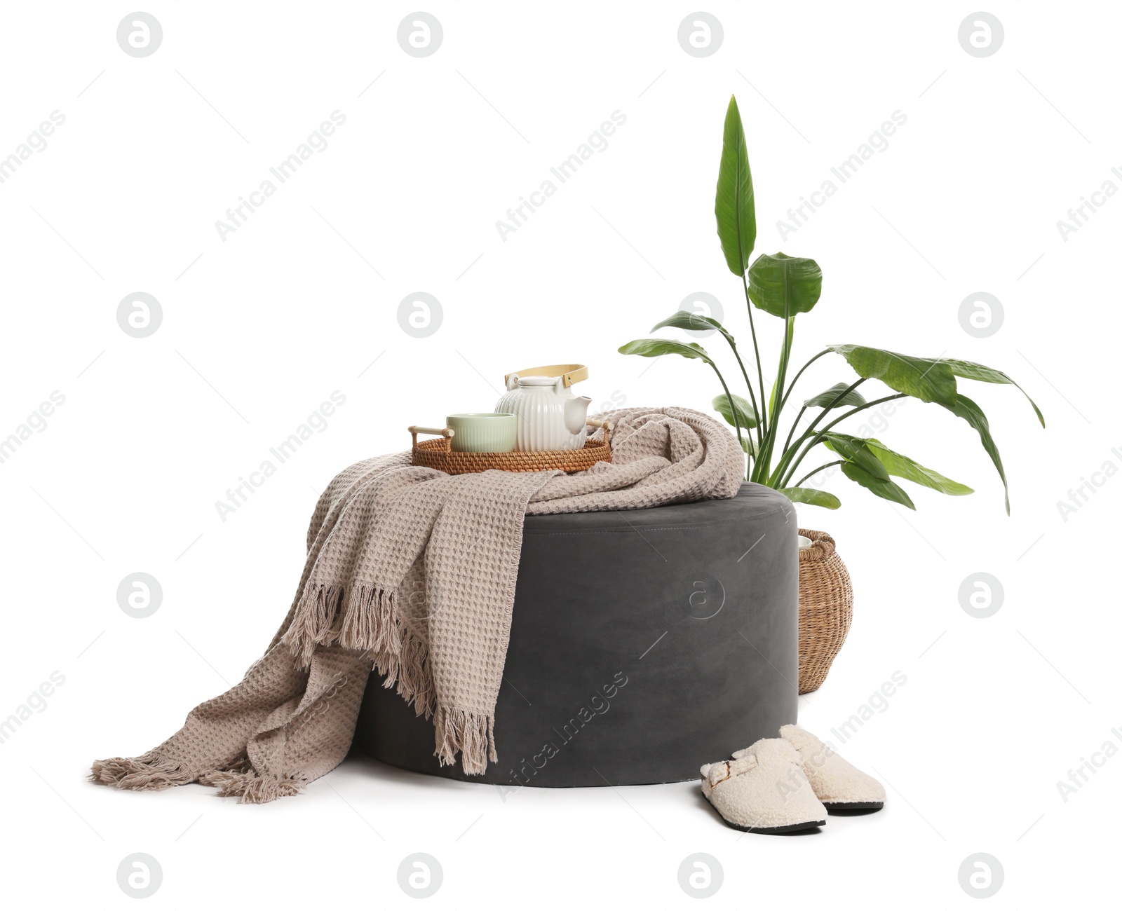 Stylish pouf with tea set, plaid, houseplant and slippers isolated on white Photo of Stylish pouf with tea set, plaid, houseplant and slippers isolated on white