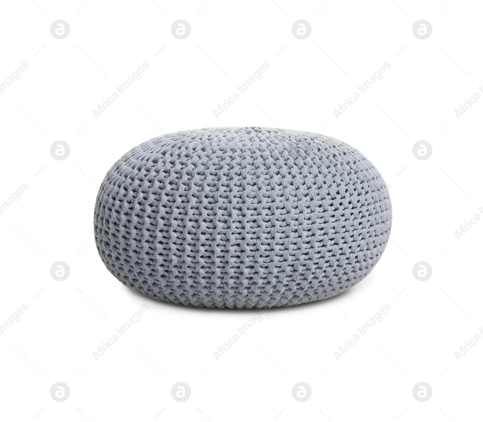 One stylish knitted pouf isolated on white Photo of One stylish knitted pouf isolated on white