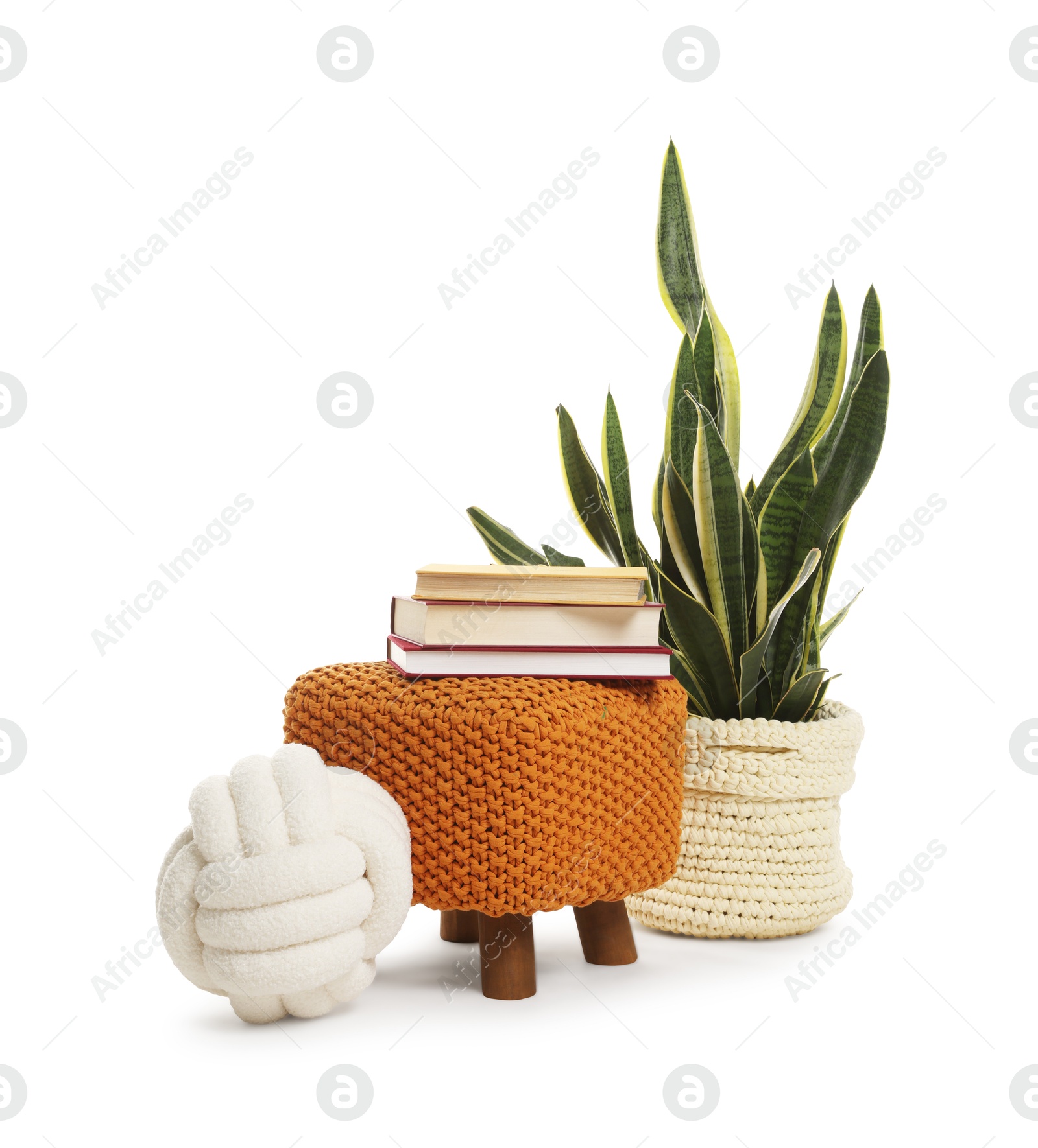 Stylish pouf with books and home decor isolated on white Photo of Stylish pouf with books and home decor isolated on white