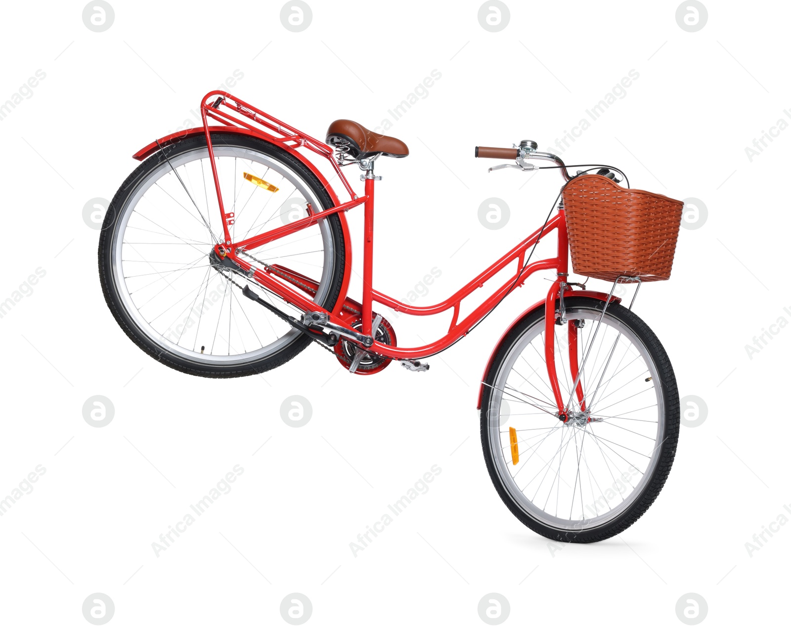 One bicycle with basket on white background Photo of One bicycle with basket on white background