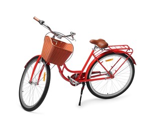 Photo of One bicycle with basket on white background