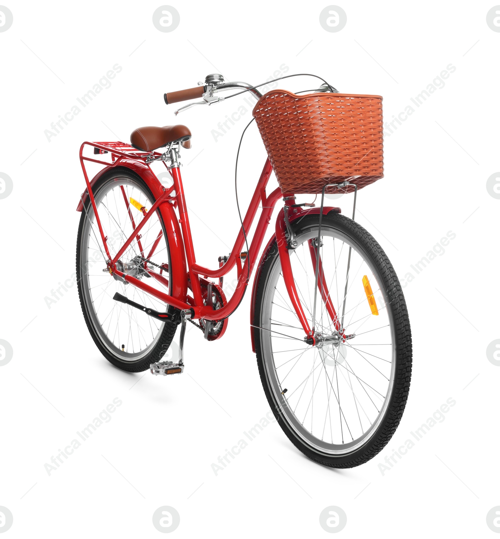 One bicycle with basket on white background Photo of One bicycle with basket on white background