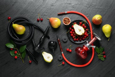Photo of Hookah and fresh fruits on black table, flat lay
