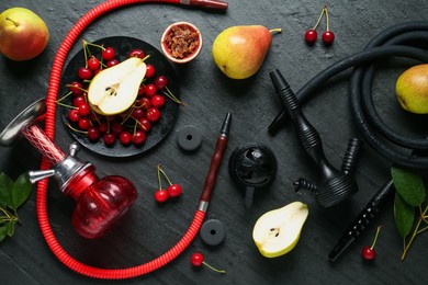 Photo of Hookah and fresh fruits on black table, flat lay