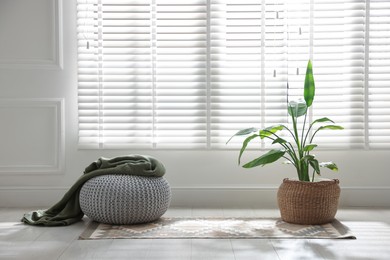 Photo of Stylish knitted pouf with plaid and houseplant at home. Space for text