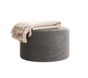 Photo of Stylish pouf with plaid isolated on white