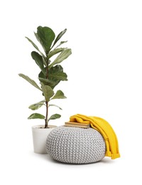 Photo of Stylish pouf and home decor isolated on white