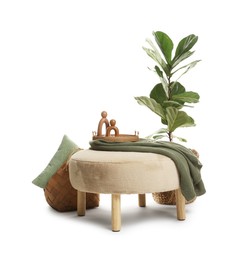 Photo of Stylish pouf and home decor isolated on white