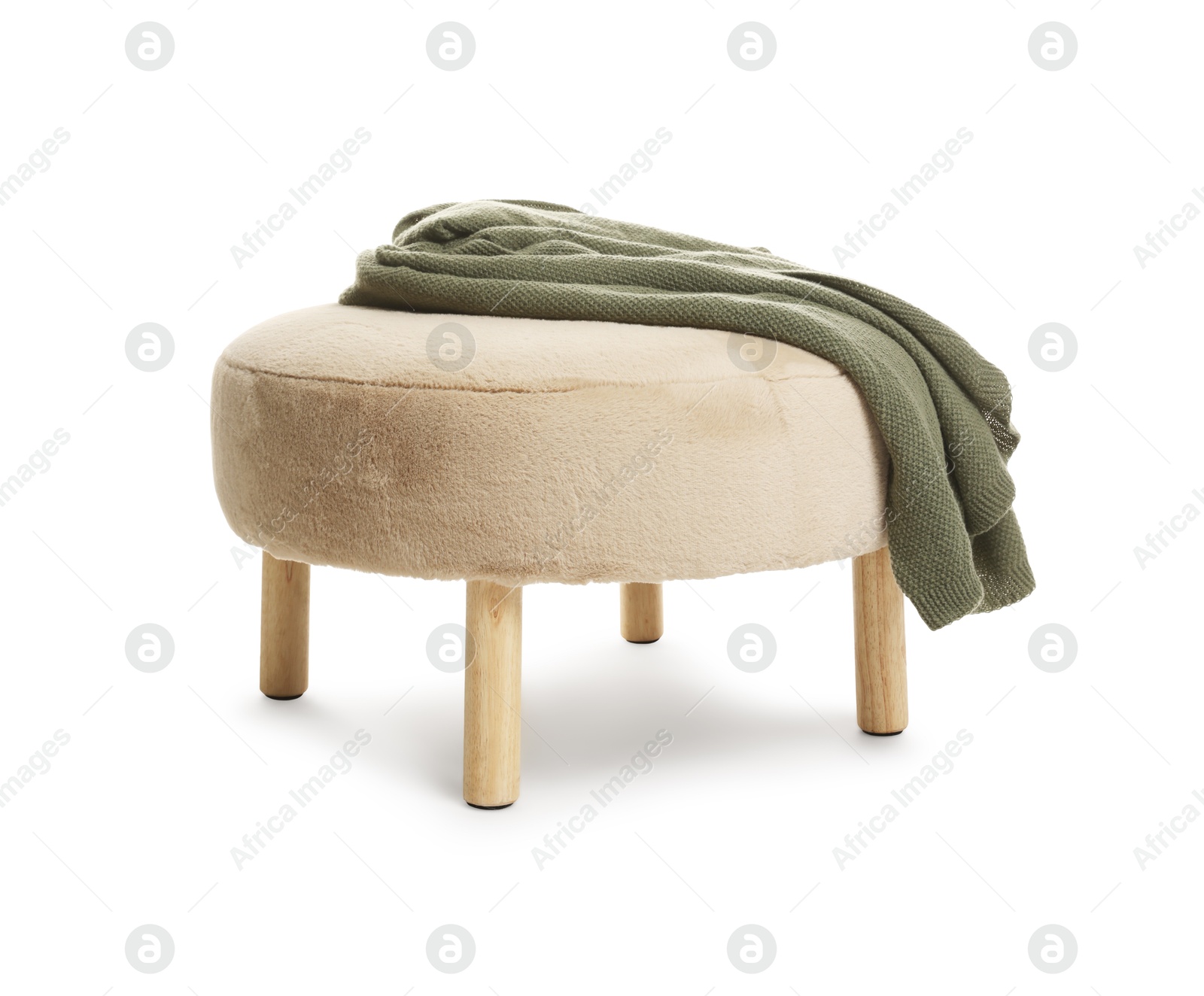 Photo of Stylish pouf with plaid isolated on white