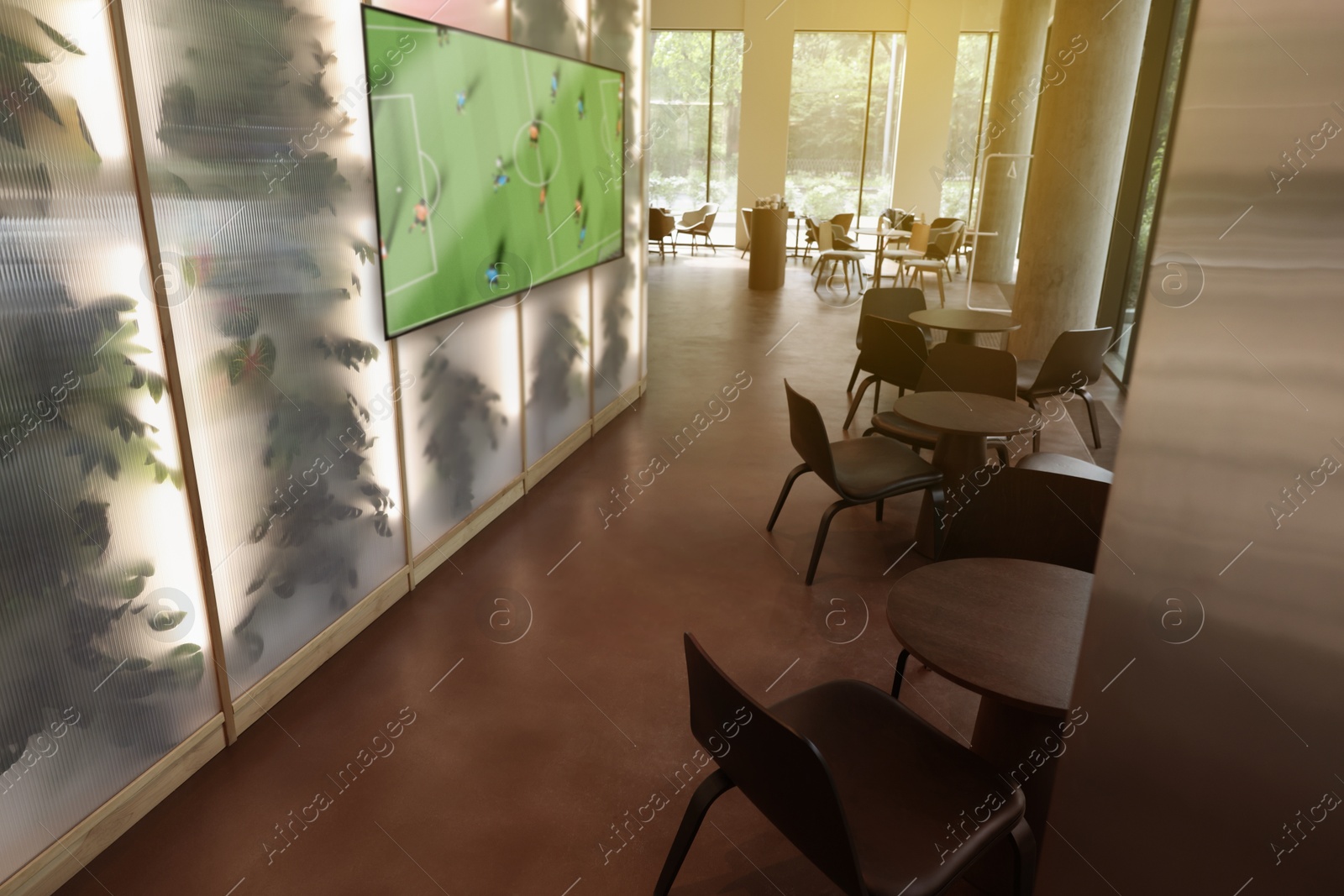 Image of Broadcasting soccer match on TV set in bar