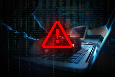 Image of Cyber attack alert notification. Red warning sign, binary code and photo of hacker using laptop