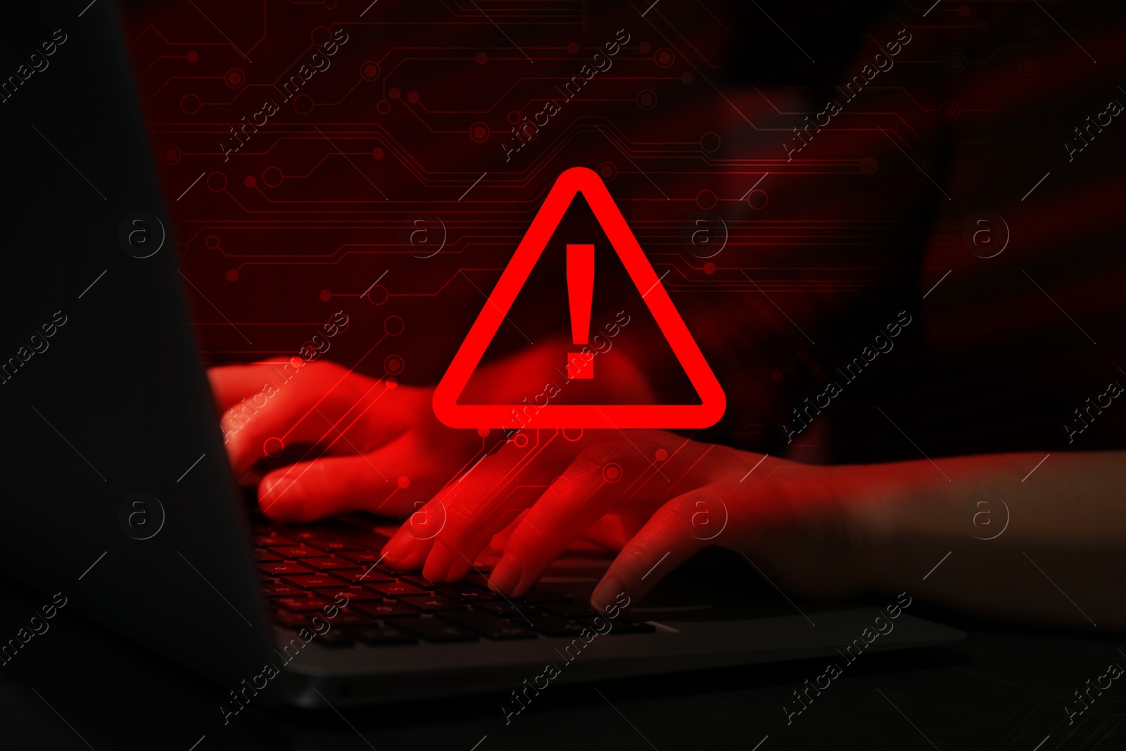 Image of Cyber attack alert notification. Red warning sign, circuit board and photo of hacker using laptop