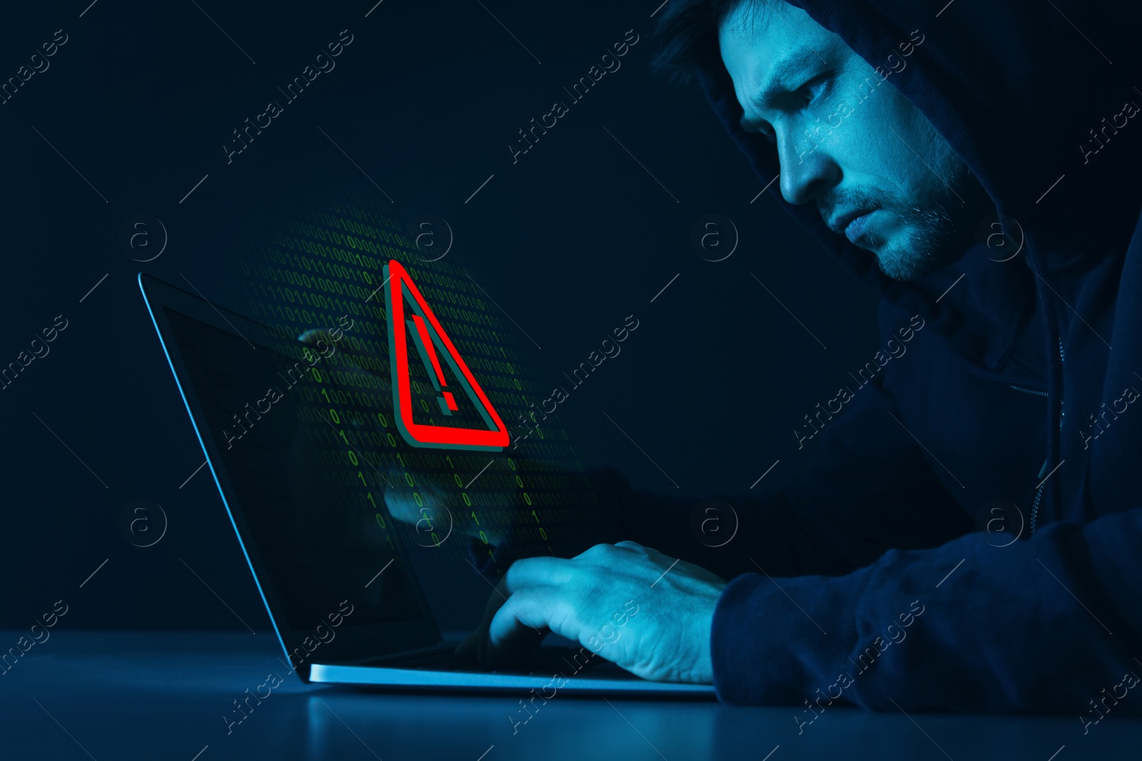 Cyber attack alert notification. Red warning sign and binary code on virtual screen. Hacker using laptop Image of Cyber attack alert notification. Red warning sign and binary code on virtual screen. Hacker using laptop