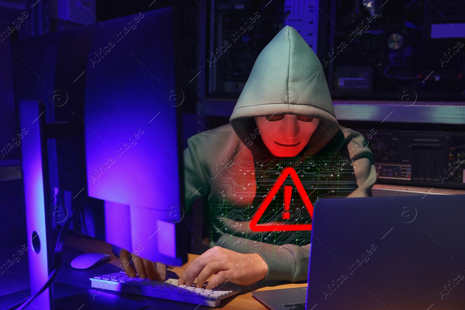 Cyber attack alert notification. Red warning sign and circuit board on virtual screen. Hacker using computers, closeup Image of Cyber attack alert notification. Red warning sign and circuit board on virtual screen. Hacker using computers, closeup