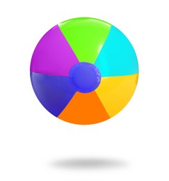 Image of Bright beach ball falling against white background