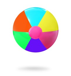 Image of Bright beach ball falling against white background