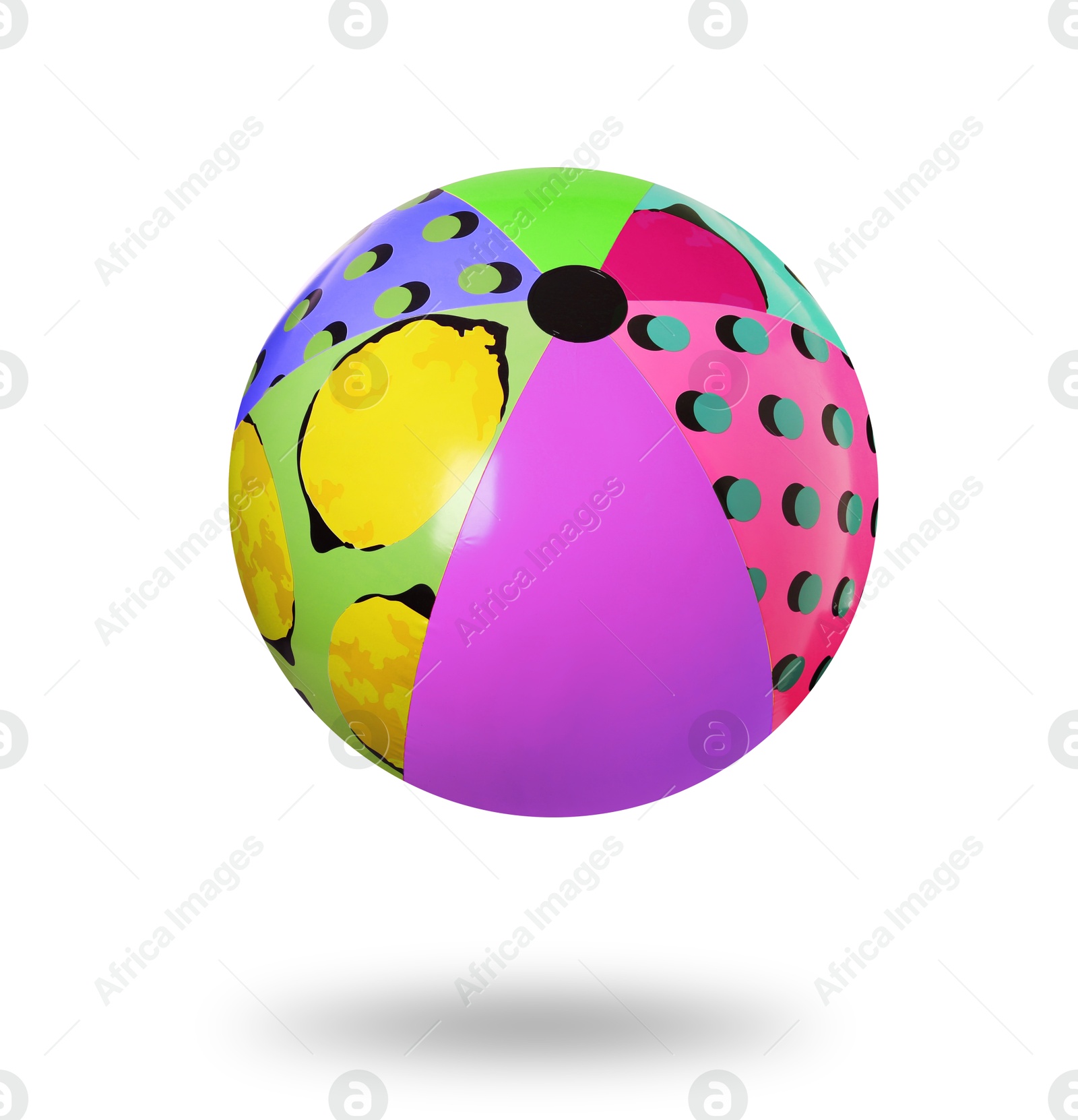 Image of Bright beach ball with patterns falling against white background