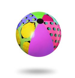 Image of Bright beach ball with patterns falling against white background
