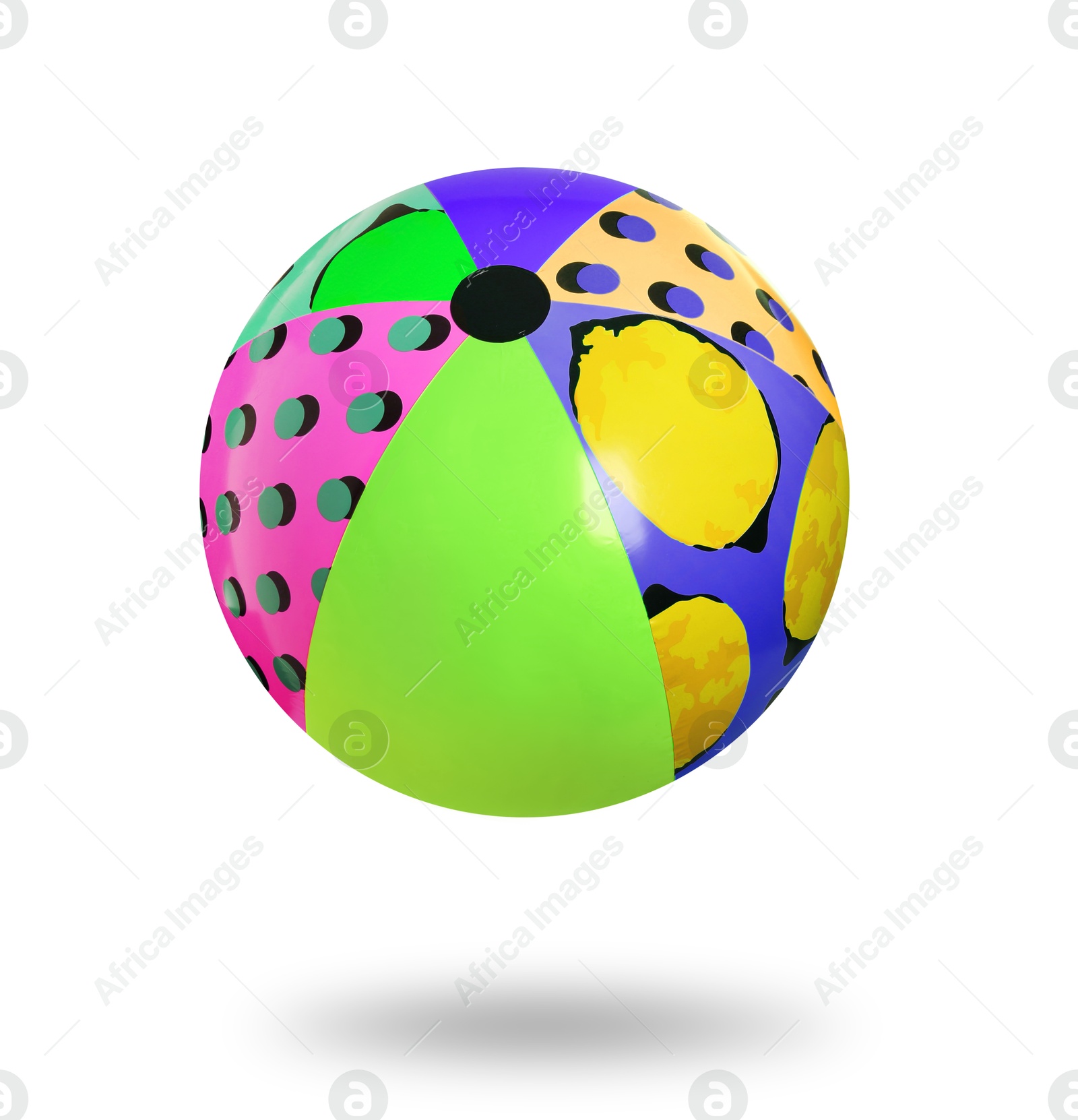 Image of Bright beach ball with patterns falling against white background