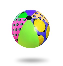Image of Bright beach ball with patterns falling against white background