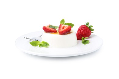 Photo of Tasty panna cotta with caramel, strawberries and mint isolated on white