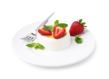 Photo of Tasty panna cotta with caramel, strawberries and mint isolated on white