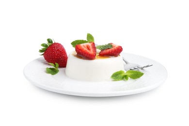 Photo of Tasty panna cotta with caramel, strawberries and mint isolated on white