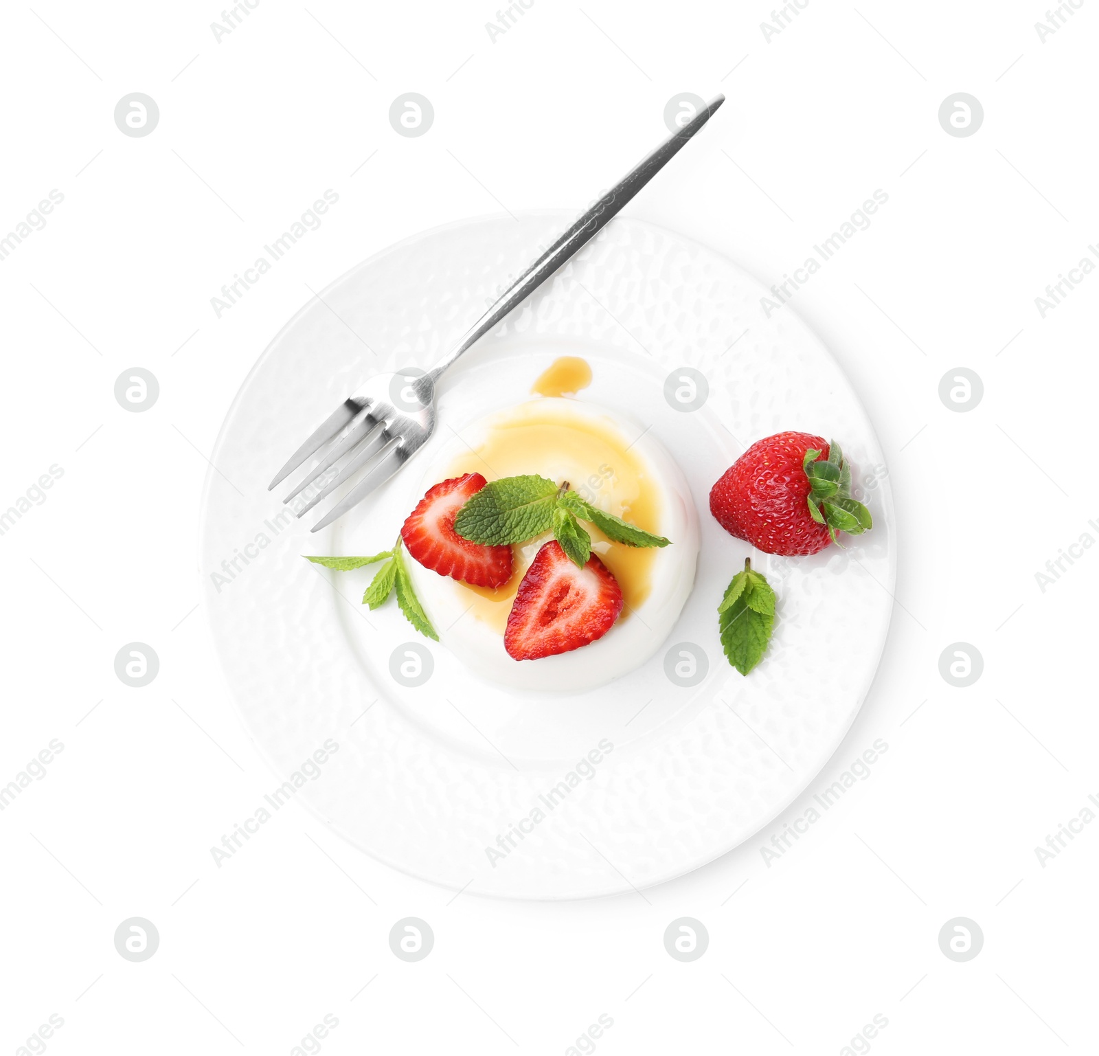 Tasty panna cotta with caramel, strawberries and mint isolated on white, top view Photo of Tasty panna cotta with caramel, strawberries and mint isolated on white, top view