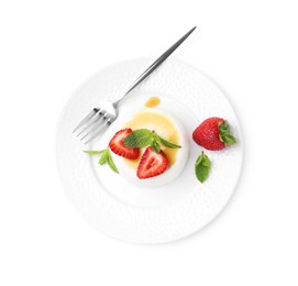 Photo of Tasty panna cotta with caramel, strawberries and mint isolated on white, top view