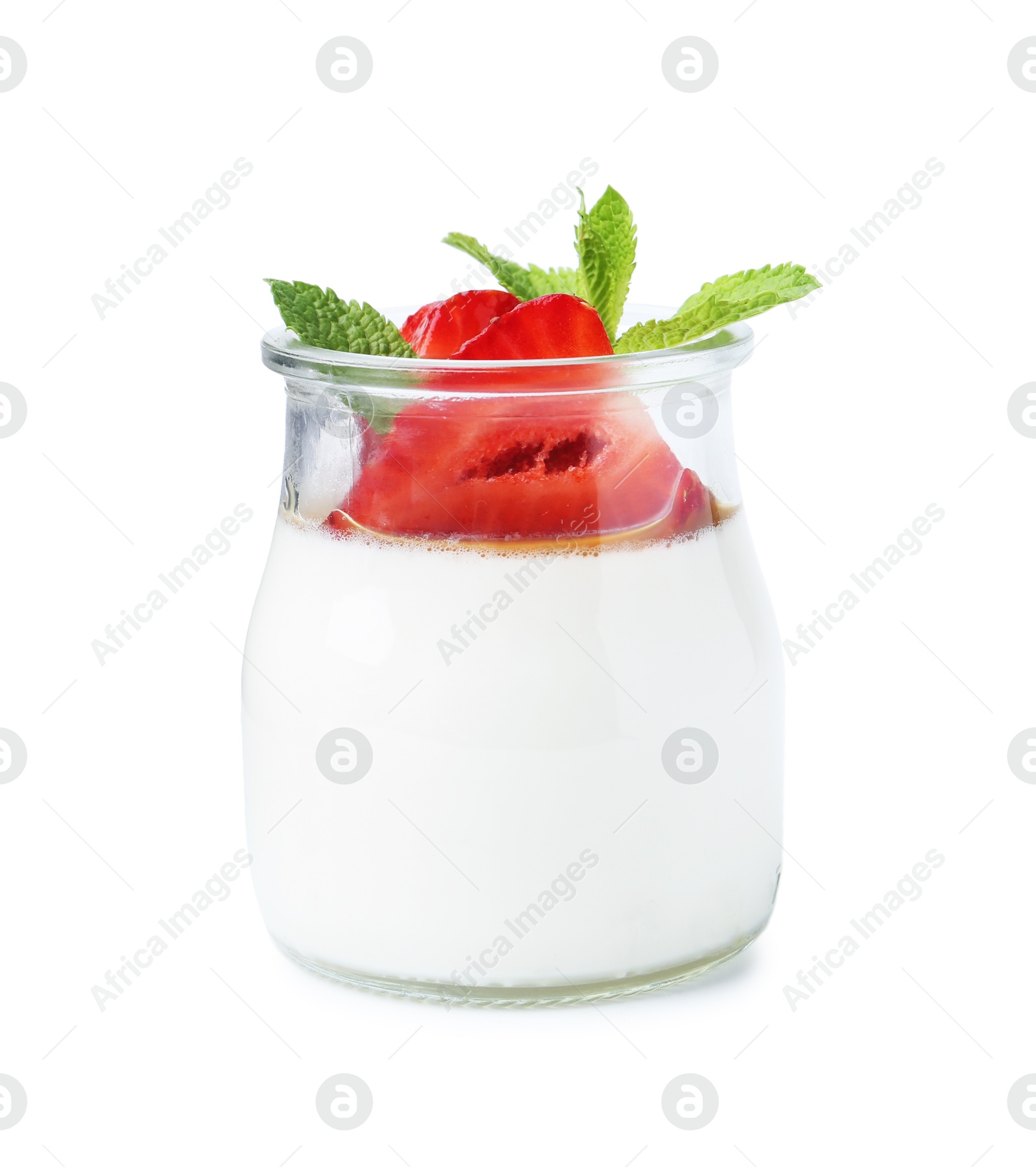 Tasty panna cotta with caramel, strawberries and mint in glass jar isolated on white Photo of Tasty panna cotta with caramel, strawberries and mint in glass jar isolated on white