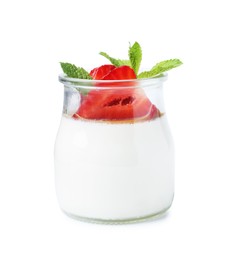 Photo of Tasty panna cotta with caramel, strawberries and mint in glass jar isolated on white