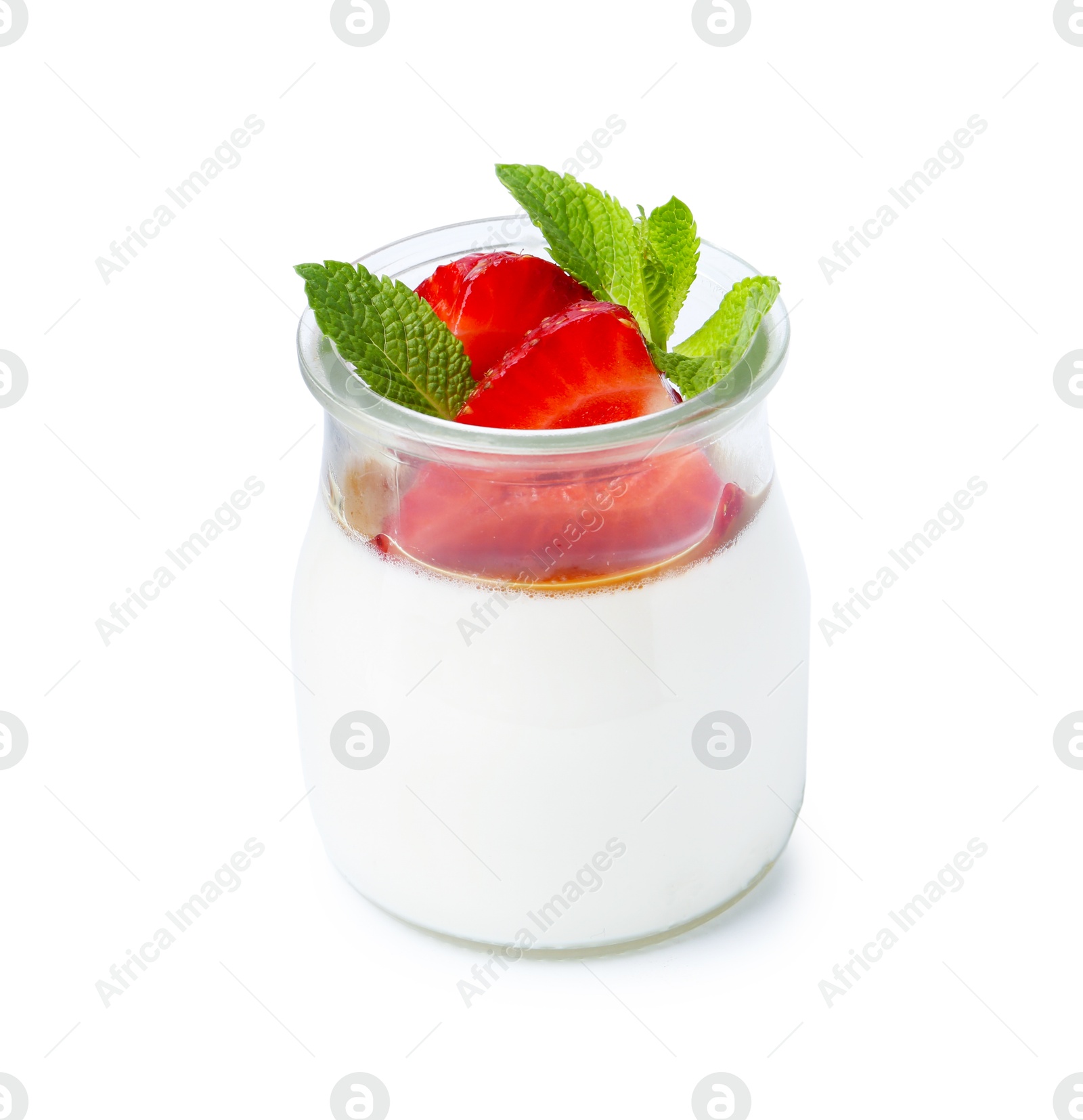 Tasty panna cotta with caramel, strawberries and mint in glass jar isolated on white Photo of Tasty panna cotta with caramel, strawberries and mint in glass jar isolated on white