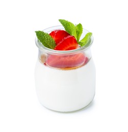 Photo of Tasty panna cotta with caramel, strawberries and mint in glass jar isolated on white