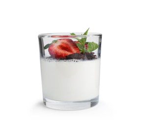 Photo of Tasty panna cotta with chocolate, strawberry and mint isolated on white