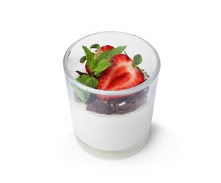 Photo of Tasty panna cotta with chocolate, strawberry and mint isolated on white